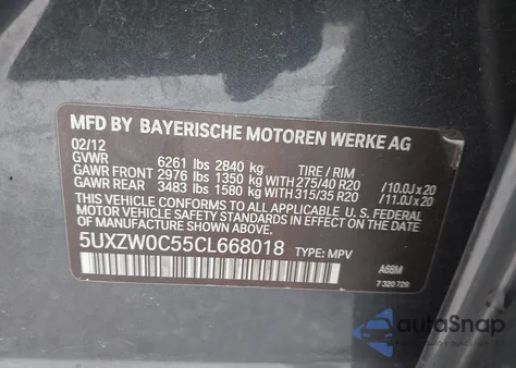 2012 BMW X5 xDrive35D z USA, uszkodzony, nr VIN 5UXZW0C55CL668018